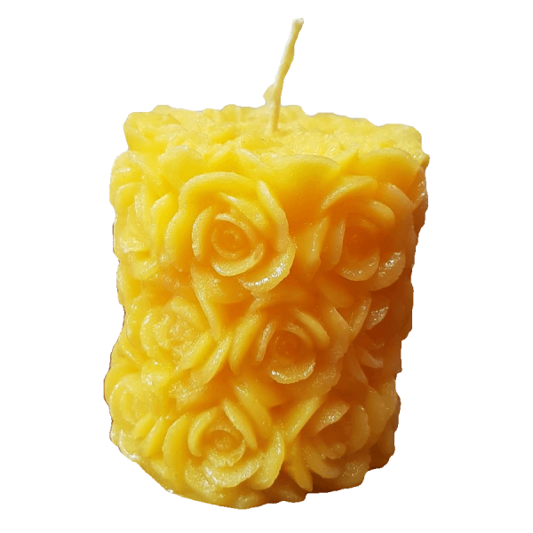 Decorative candle, roses pattern, yellow color, rose perfume